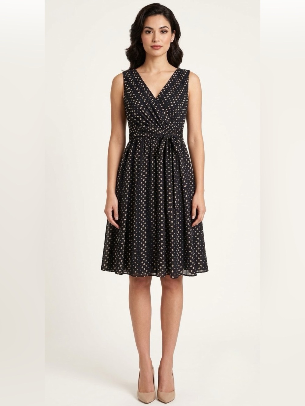 SOUP Black White Polka Dot Dress XS Retro Wrap V Neck Empire Waist Fit Flare